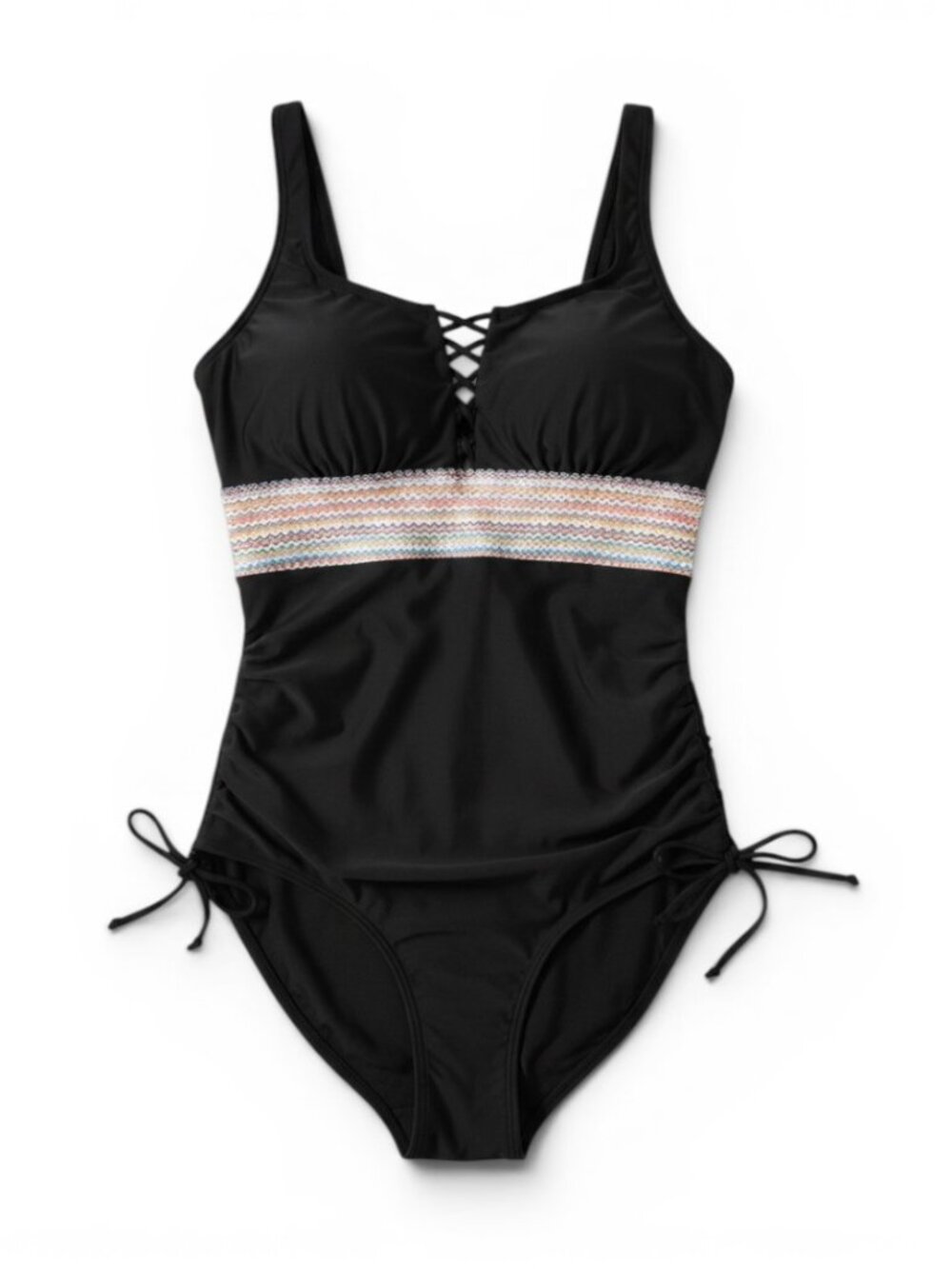 Black One-Piece Swimsuit with Multicolor Waistband